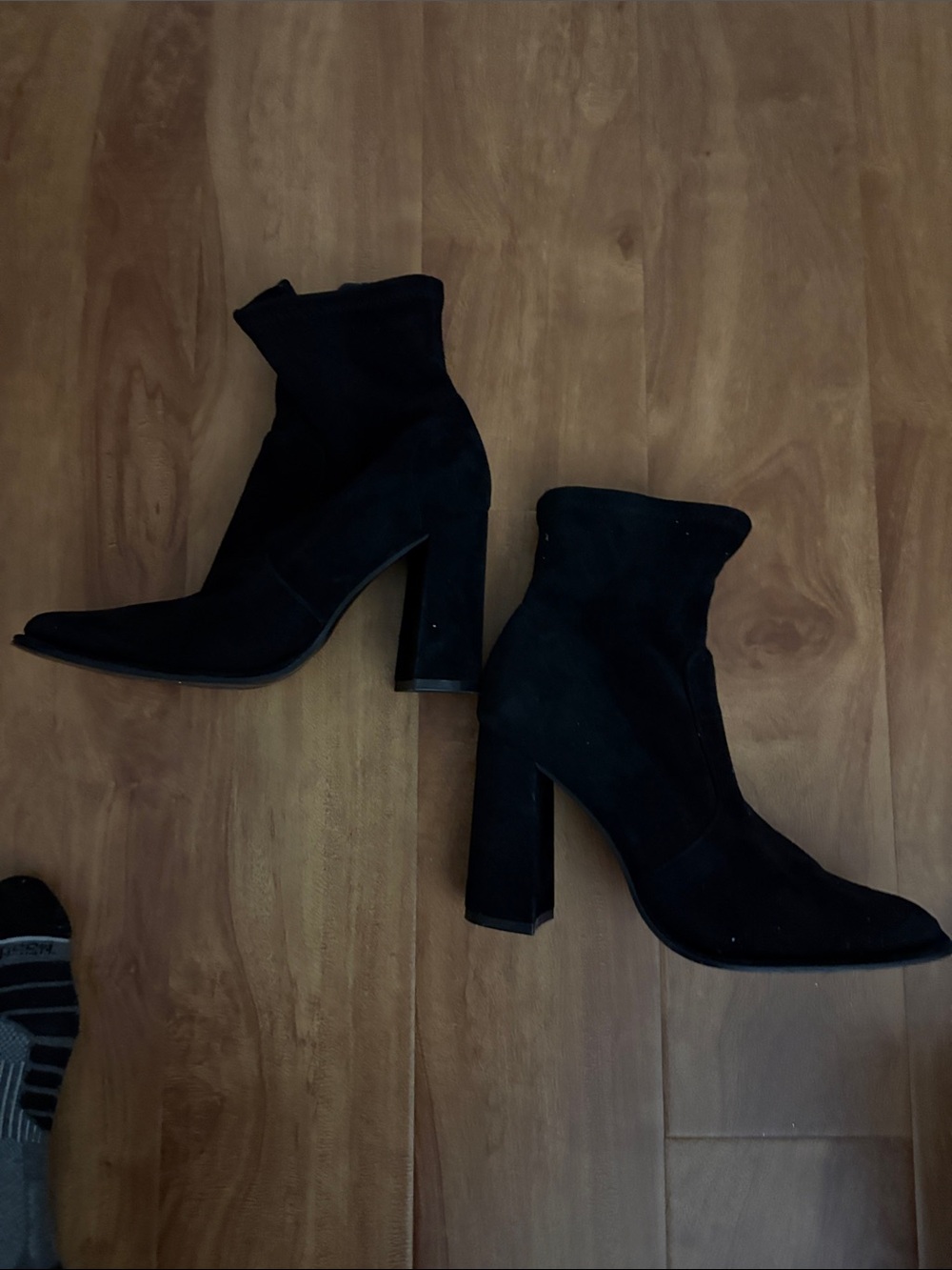 Aqua Black Suede Pointed Toe High Block Heel Ankle Boots